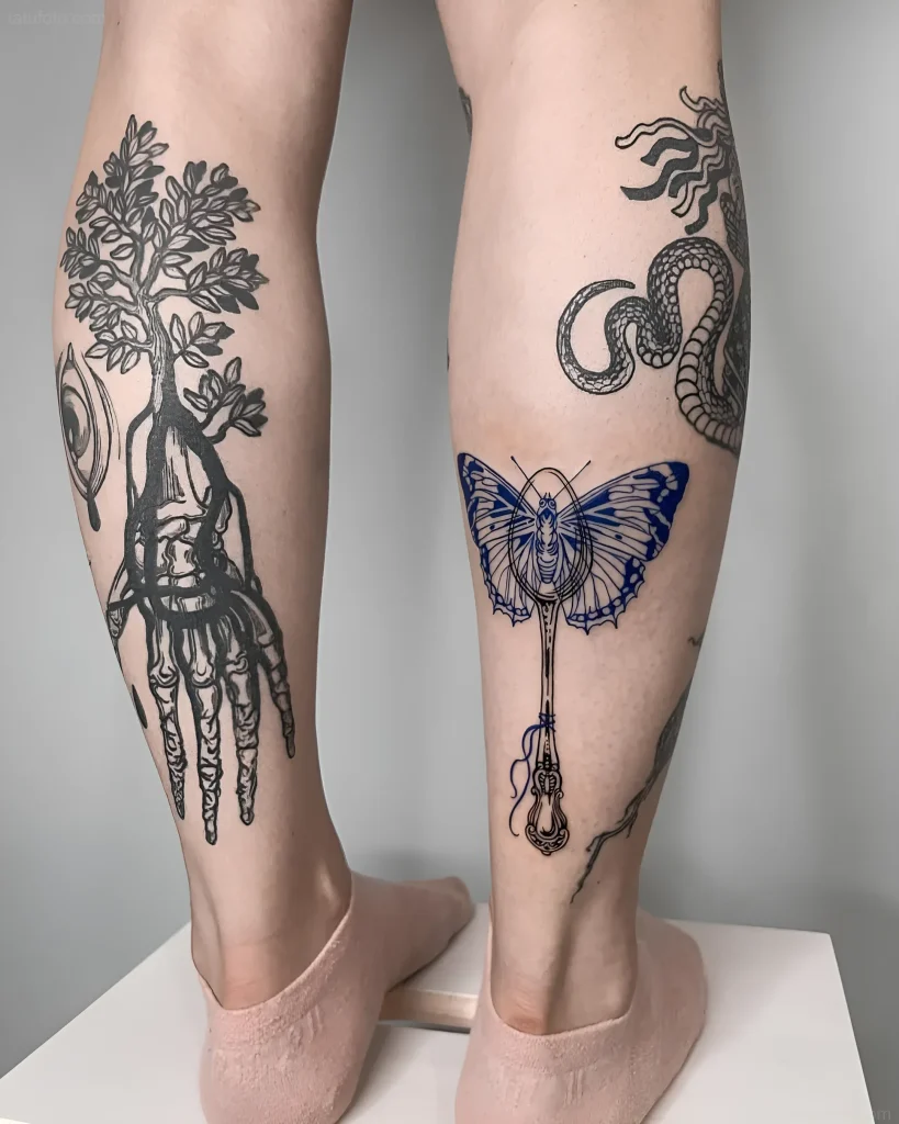Schwarz-weißes Tattoo am Unterschenkel mit einem Löffel, der wie Schmetterlingsflügel stilisiert ist und in Baumwurzeln übergeht, was die Verbindung der Generationen symbolisiert.