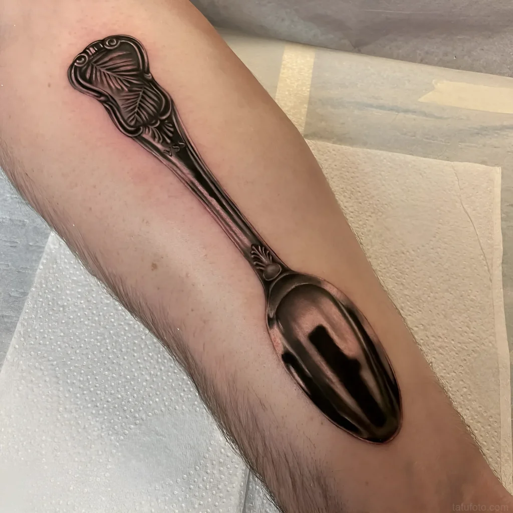 Schwarz-graues realistisches Tattoo eines antiken Silberlöffels am Unterarm