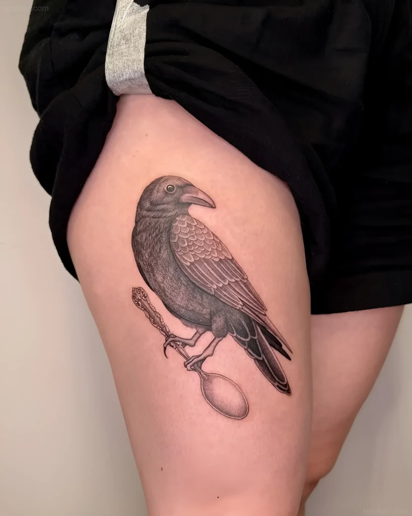 Schwarz-graues Tattoo auf dem Oberschenkel eines Mädchens: ein Rabe, der einen Löffel im Schnabel hält, detaillierte Ausarbeitung von Federn und Metall.