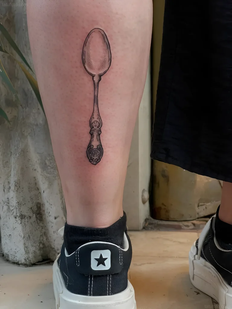 Schwarz-weißes Löffel-Tattoo am Unterschenkel, im Minimalismus-Stil, mit Fokus auf die Details des Griffs.