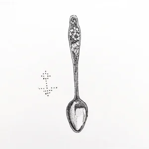 Черно-белая татуировка ложки с цветочным орнаментом и точечным рисунком рядом, символизирующая тепло и уют
