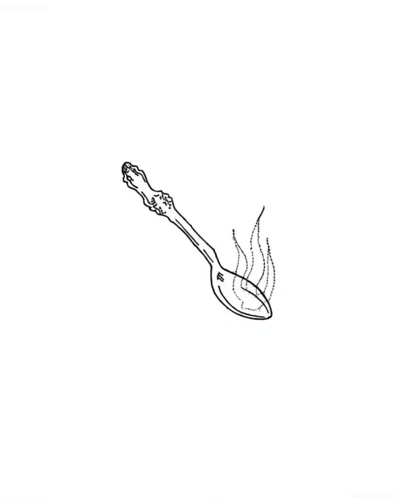 Minimalistisches Tattoo eines Löffels mit Dampf, der aufsteigt, im Feinlinien-Grafikstil.