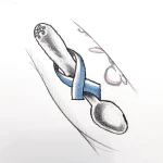 Эскиз татуировки ложки в графическом стиле, обвязанной голубой лентой, с элементами декора и надписью.