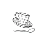 Эскиз татуировки: контурная ложка рядом с чашкой в горошек, минималистичный дизайн