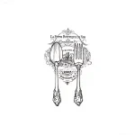 Черно-белая татуировка ложки с винтажной надписью 'La Petite Boutique de Vin', символизирующая уют и гастрономические радости