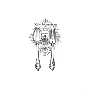 Черно-белая татуировка ложки с винтажной надписью 'La Petite Boutique de Vin', символизирующая уют и гастрономические радости