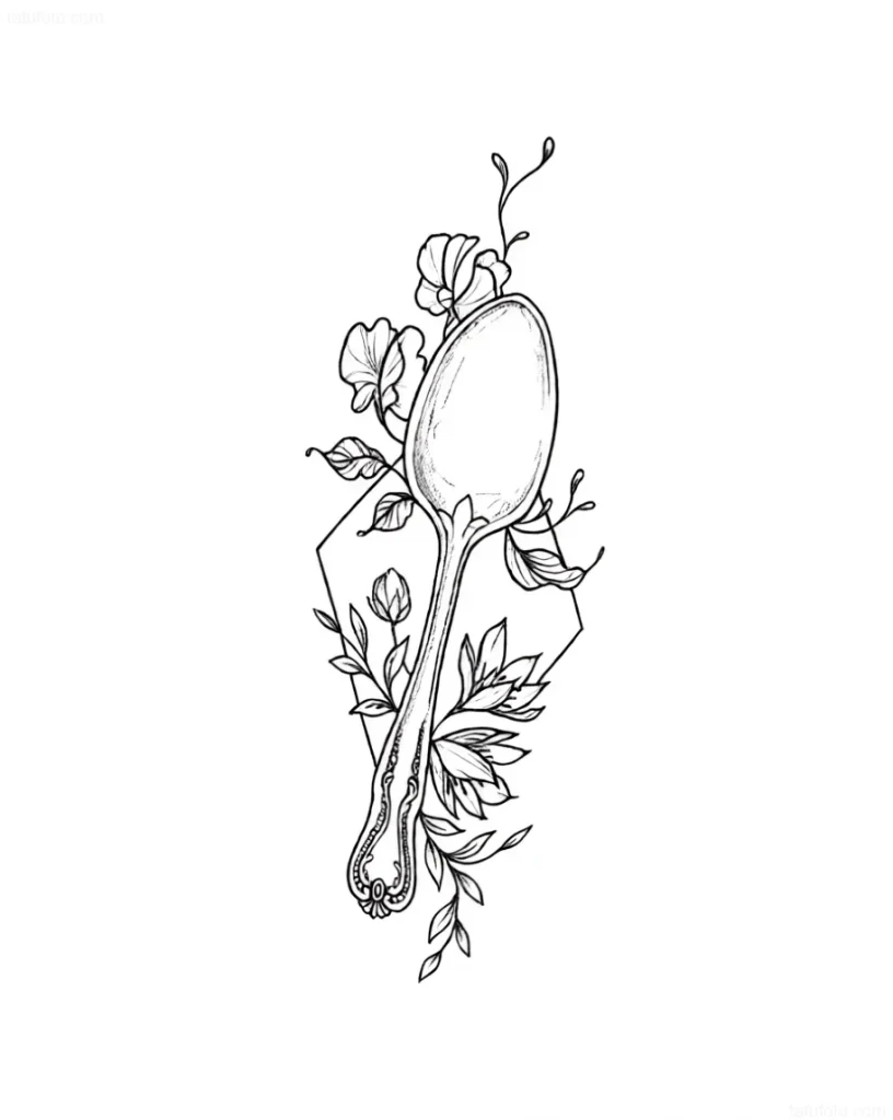 Tattoo-Entwurf eines Löffels im botanischen Grafikstil, verziert mit Blumen und Blättern.