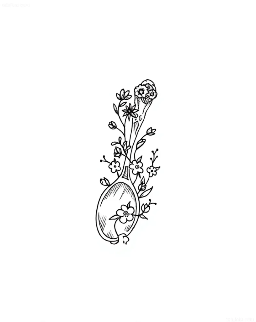 Schwarz-weißes Löffel-Tattoo, aus dem Blumen wachsen, im minimalistischen Grafikstil.