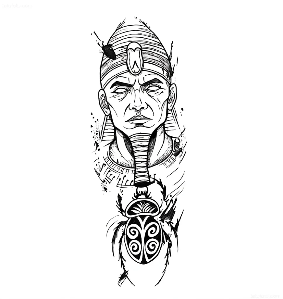 黑白纹身草图，描绘了法老严肃的面孔和头饰，下方是一个大型风格化的圣甲虫