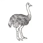 Черно-белый эскиз татуировки страуса в профиль, детализированная прорисовка оперения и длинной шеи.
