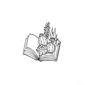 Тату в виде раскрытой книги с растущими из нее суккулентами и кактусами