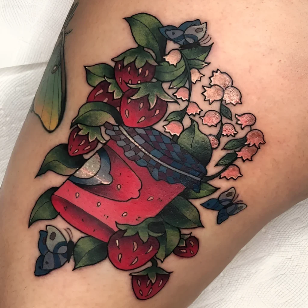 大腿上的鲜艳纹身，描绘了一个草莓果酱罐，装饰有草莓、花朵和两只蓝色蝴蝶。