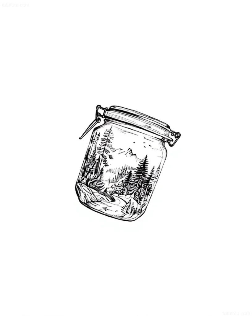 黑白图形风格纹身：一个果酱罐，里面描绘着有松树和水体的山景。