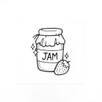 Эскиз татуировки: контурное изображение банки варенья с надписью 'JAM' и ягодой клубники, искрящейся звездами.