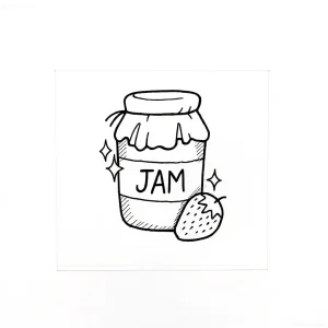 Эскиз татуировки: контурное изображение банки варенья с надписью 'JAM' и ягодой клубники, искрящейся звездами.
