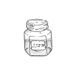 Эскиз татуировки: контурное изображение банки варенья с надписью 'JAM', выполненное в стиле скетч.
