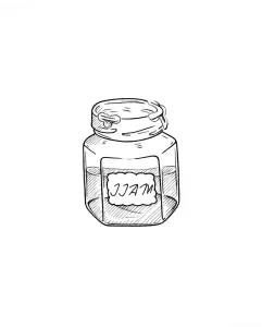 Эскиз татуировки: контурное изображение банки варенья с надписью 'JAM', выполненное в стиле скетч.