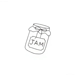 Минималистичная татуировка банки варенья с надписью 'JAM', выполненная в черном контуре.