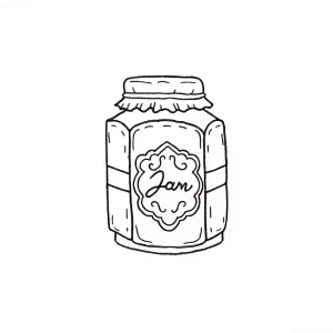 Эскиз татуировки: контурное изображение банки варенья с надписью 'Jam', выполненное в минималистичном стиле.