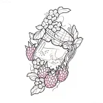 Эскиз татуировки: банка варенья с малиной, украшенная цветами и листьями, выполненная в графическом стиле.