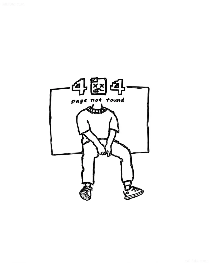 黑白素描纹身,带有“404 page not found”字样和无头人形坐在边缘