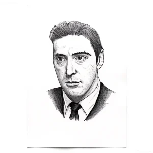 Монохромный эскиз портрета молодого Майкла Корлеоне в деловом костюме, символизирующий силу и внутренний конфликт.