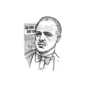 Контурное черно-белое изображение Вито Корлеоне на фоне газетного заголовка о покушении