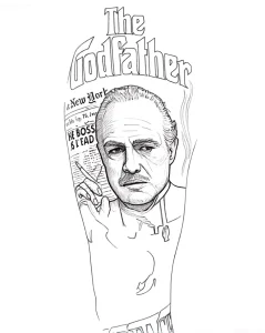 Контурный эскиз татуировки с портретом Вито Корлеоне и заголовком 'The Godfather'