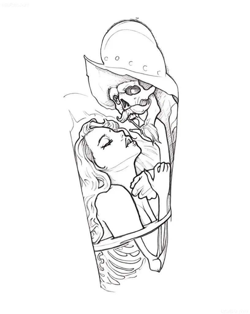 Tattoo sketch: Skeleton of a Conquistador in a helmet bowing to a sleeping/captured lady with skeleton elements
