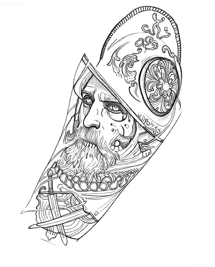 Black and white tattoo sketch of a Conquistador with a detailed helmet and crossed swords