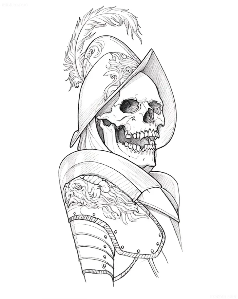 Graphic tattoo sketch in the form of a skull of a Spanish conqueror (conquistador) in an antique helmet with a feather and a breastplate with a lion bas-relief