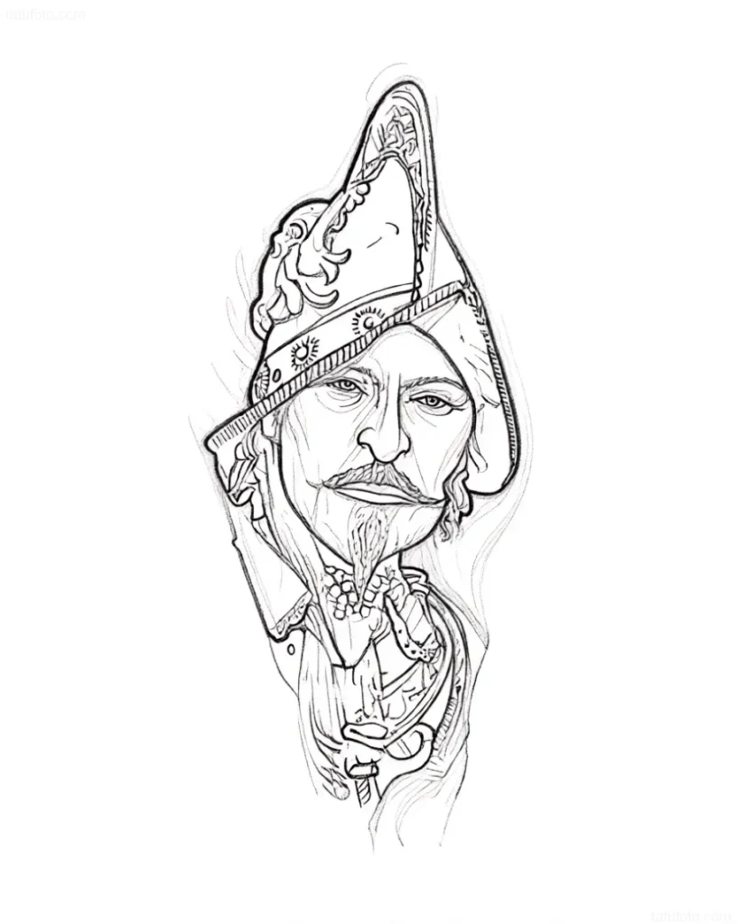 Contour tattoo sketch of a Conquistador in sketch style with detailed rendering of the helmet and facial features