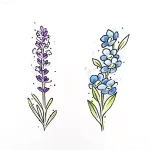 Эскиз татуировки: нежные ветки незабудок с голубыми цветами и лаванды с фиолетовыми соцветиями, выполненные в акварельной технике.