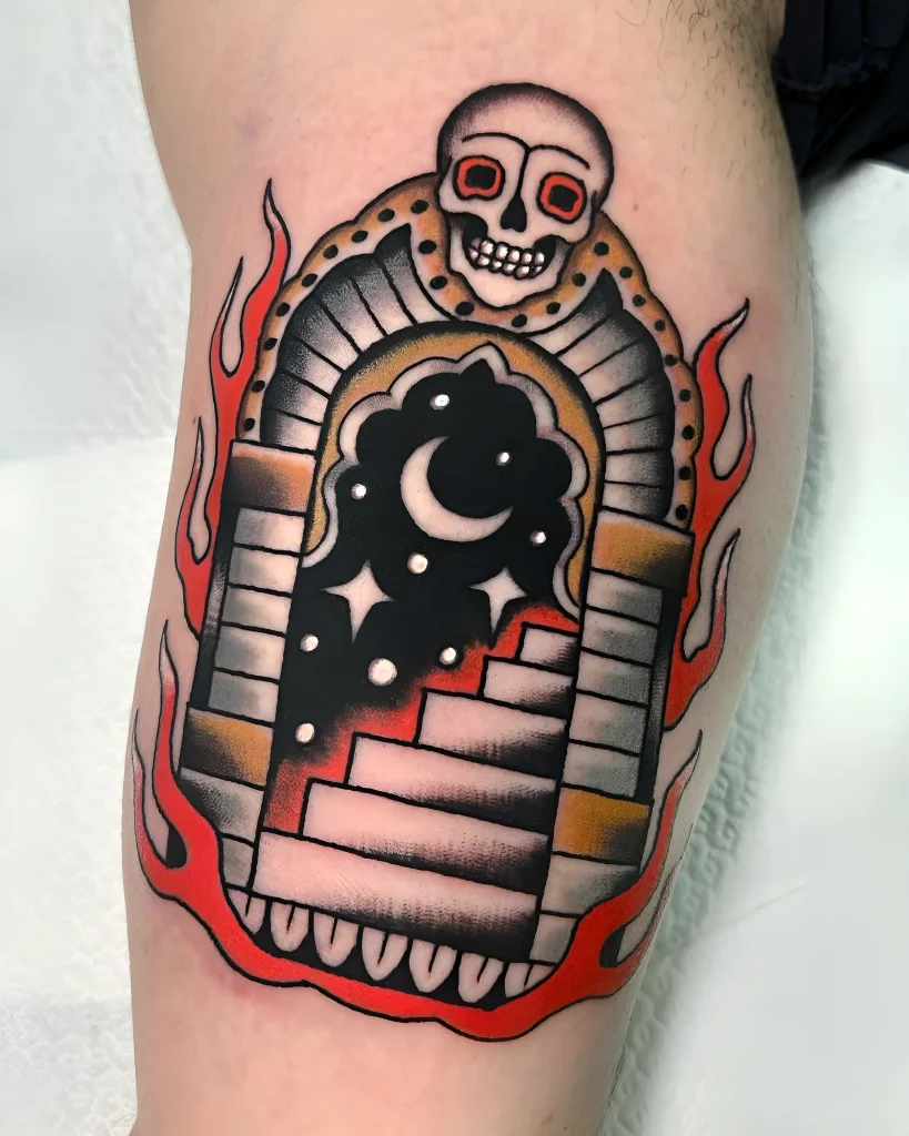 Portal tattoo with a skull, snake, and staircase leading into space