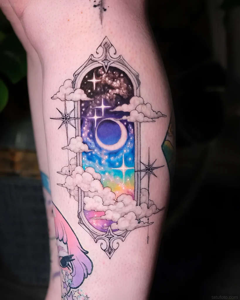 Tattoo of a portal opening to a starry sky, moon, and rainbow clouds, symbolizing transition and dreams