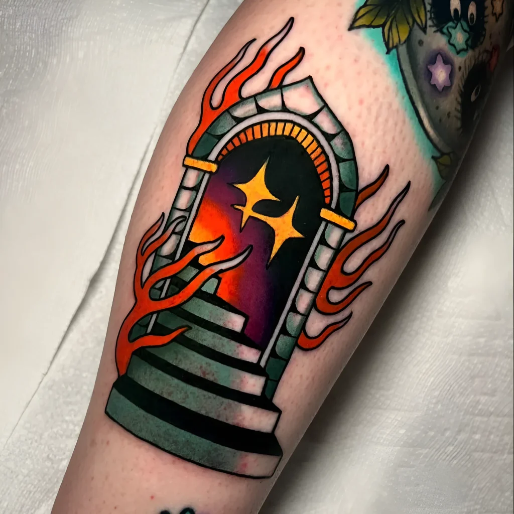 Old school style tattoo: a stone portal with flames leading to two yellow stars against a gradient purple-orange sky, with steps leading up.
