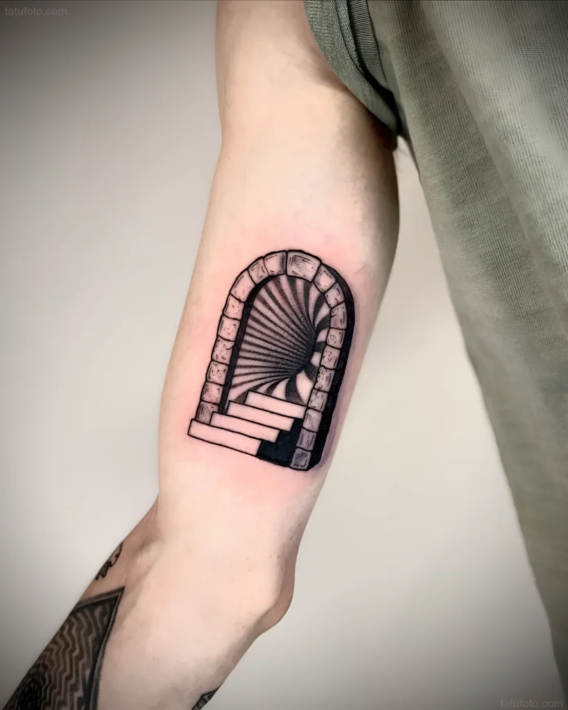 Black and white portal tattoo with a staircase leading into a tunnel with an optical illusion