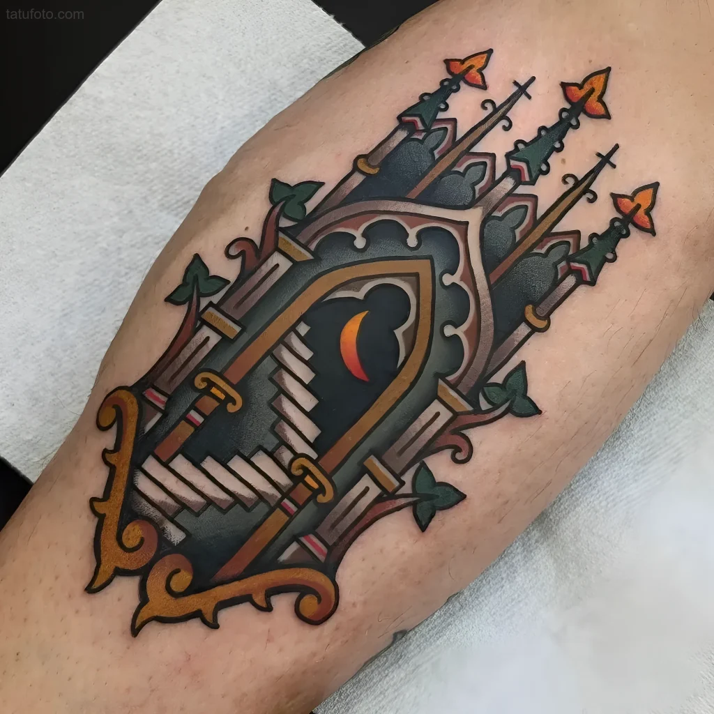 Gothic style tattoo depicting a mystical portal with a crescent moon