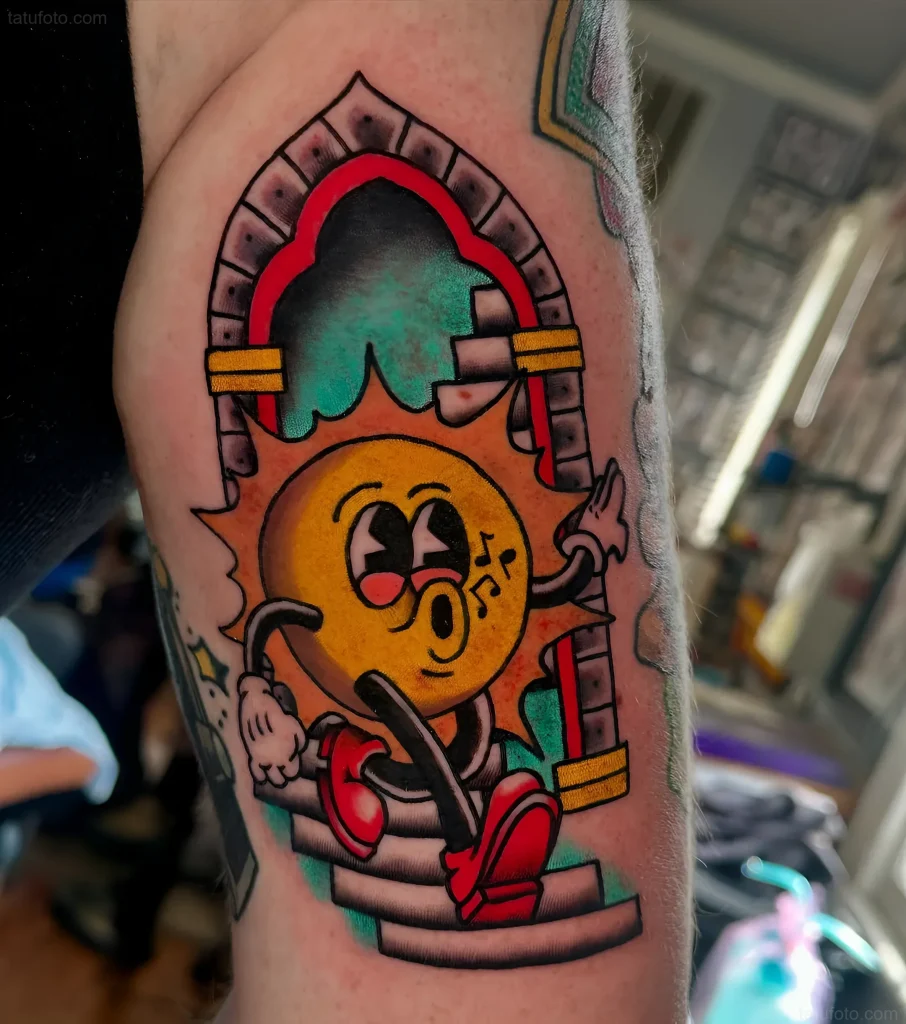 Bright old school style tattoo: a stylized sun with a face, stepping on stairs through a gothic portal.
