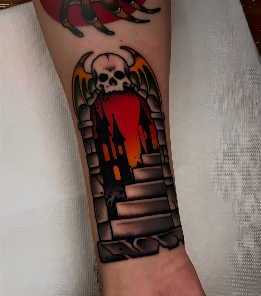 Portal tattoo with a skull and lock against a sunset background
