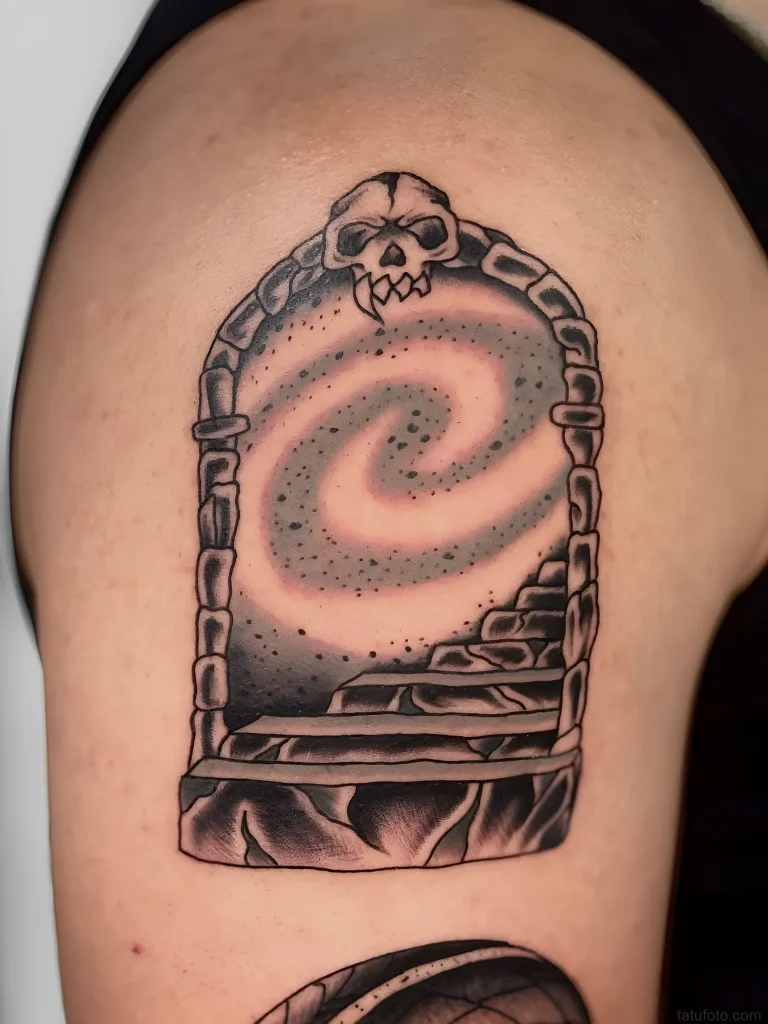 Portal tattoo with a skull and a spiral vortex symbolizing the unknown.