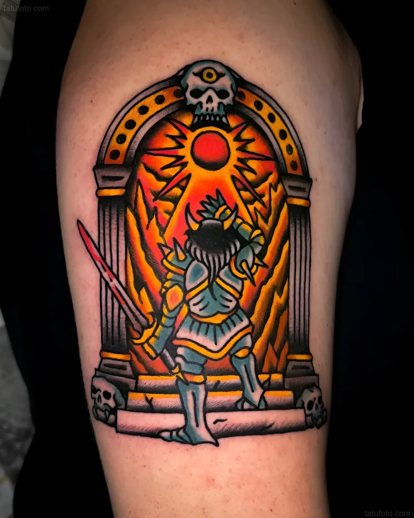 Old school style tattoo: a warrior in armor stands before a blazing portal, symbolizing transition or trial.