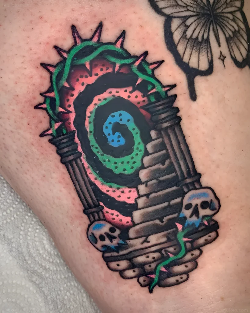 New school style tattoo depicting a mystical portal with thorny vines and skulls