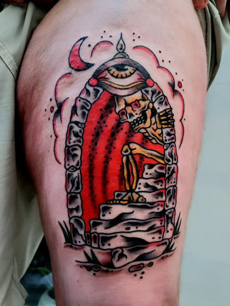 Bright new school style tattoo depicting a portal entrance with a skeleton sitting inside, symbolizing the eternal cycle and mystical insight.