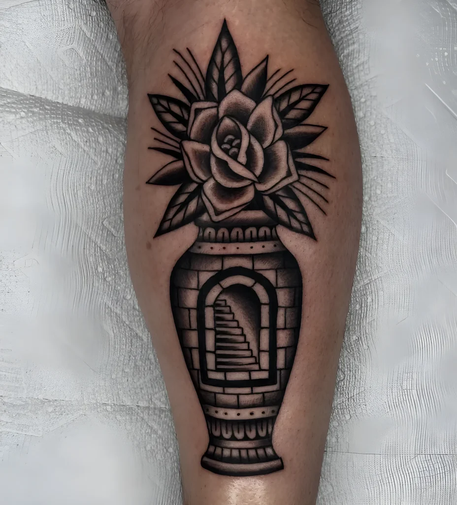 Old school style tattoo: a vase with a rose and an image of a spiral staircase leading into a portal