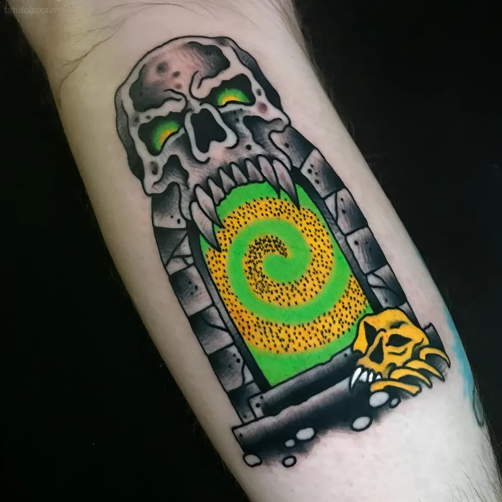 Portal tattoo in the shape of a skull with teeth and a spiral pattern inside