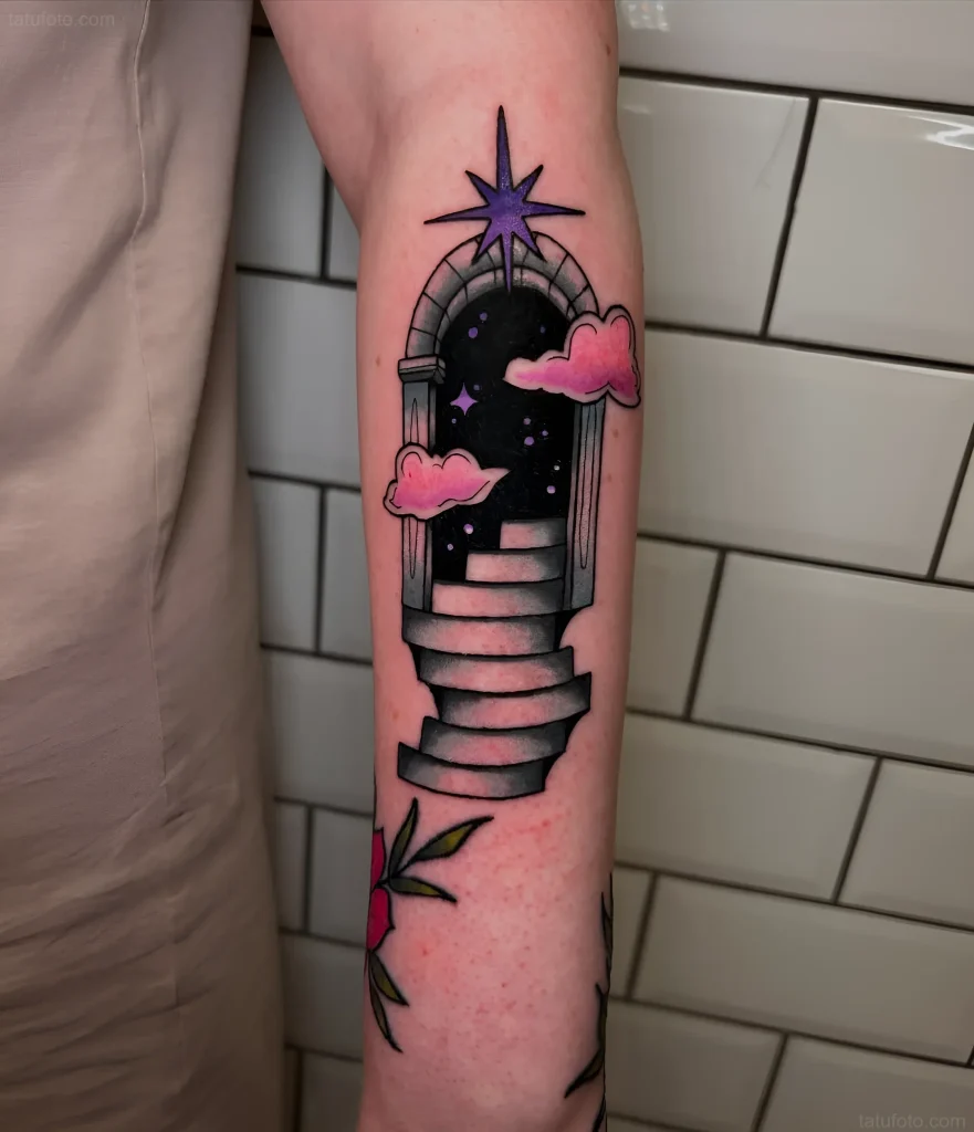 Portal tattoo with a staircase leading to a starry sky with a crescent moon and a purple star
