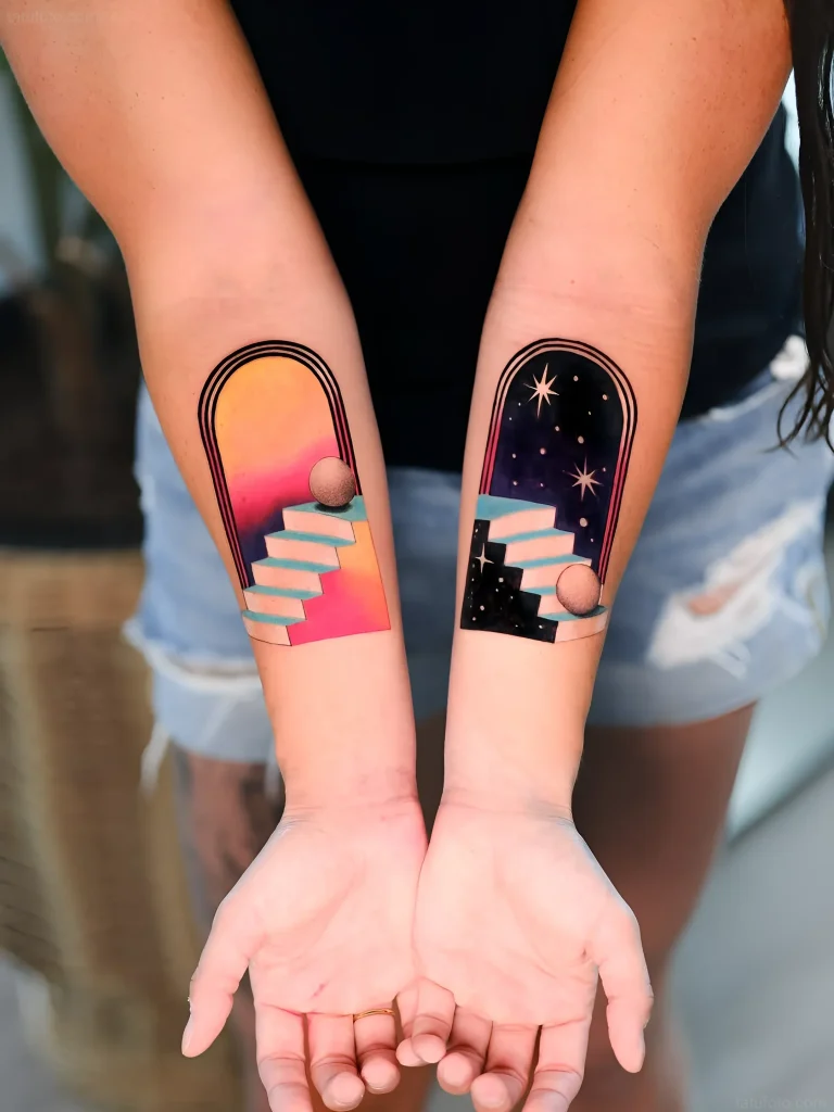 Matching portal tattoos with staircases leading to a sunset sky and starry space