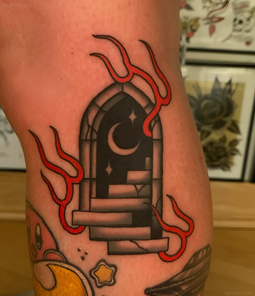 Mystical portal tattoo with a moon and stairs, surrounded by scarlet flames