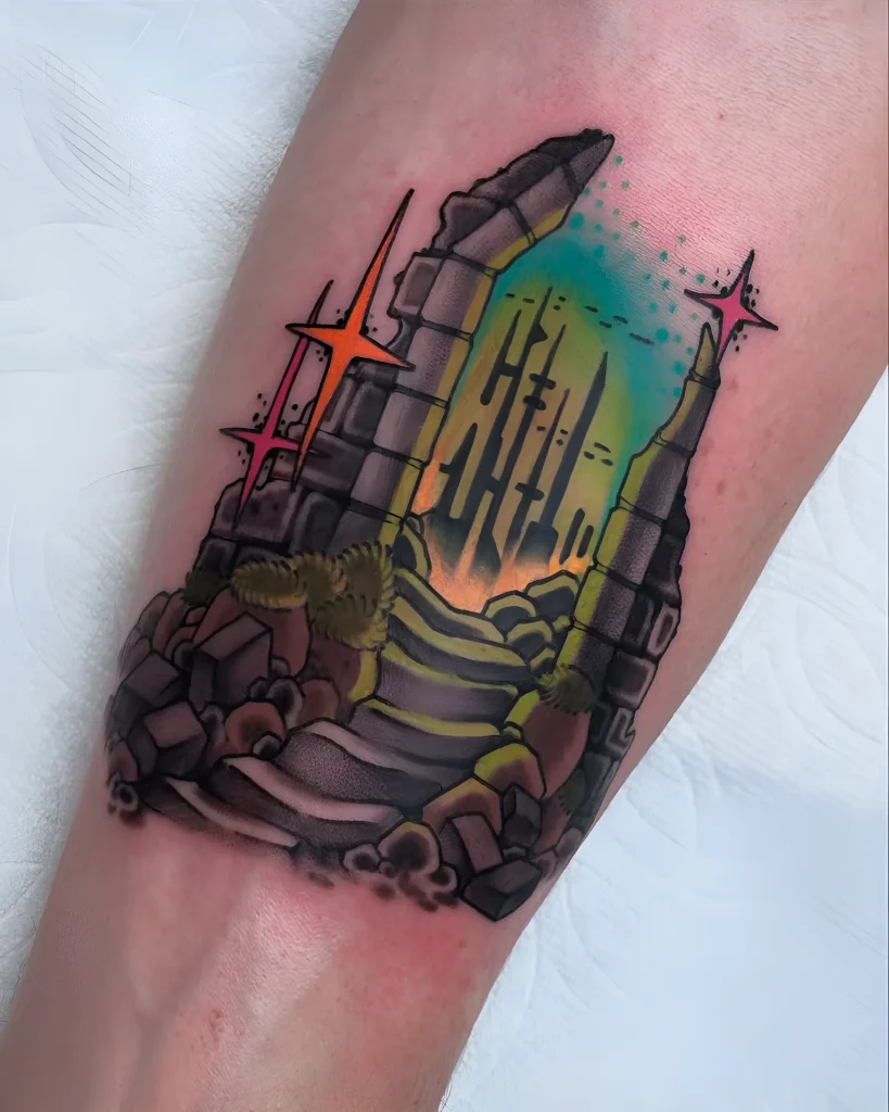 Neo-traditional style portal tattoo with fantasy elements, depicting ancient ruins leading to a glowing passage.